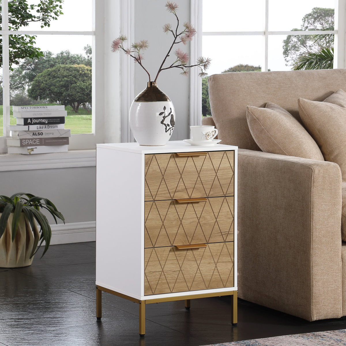 Nightstand with 3 Drawers, Mid-Century Modern End Table,Gold MetalFeet, Gold Metal Handles , Drawer Panels are Shaped by Cutting Lines,End Table for Bedroom,White and Natural