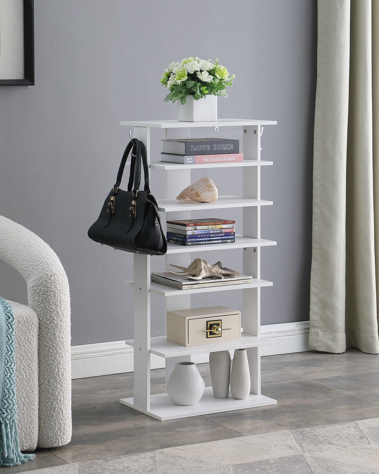 Vertical Shoe Rack,7 Tier Shoe Storage Organizer with Hooks, Entryway Shoe Tower,Vertical Shoe Organizer,Vertical Shoe Organizer,White