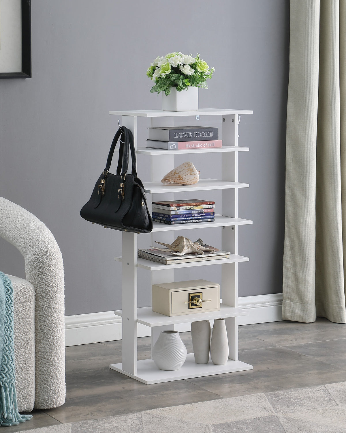 Vertical Shoe Rack,7 Tier Shoe Storage Organizer with Hooks, Entryway Shoe Tower,Vertical Shoe Organizer,Vertical Shoe Organizer,White