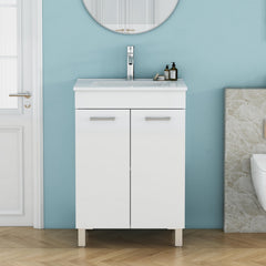 24-Inch Floor-Mounted Bathroom Vanity with Sink Combo,Double Doors With Soft Close Hinges,Bathroom Cabinet With Adjust Shelf,Metal Handle ,Ceramic Basin,Adjustable Silver Feet,Glossy White