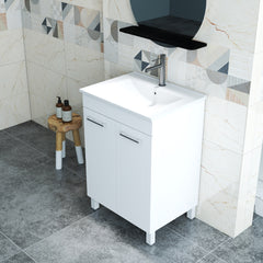 24-Inch Floor-Mounted Bathroom Vanity with Sink Combo,Double Doors With Soft Close Hinges,Bathroom Cabinet With Adjust Shelf,Metal Handle ,Ceramic Basin,Adjustable Silver Feet,Glossy White