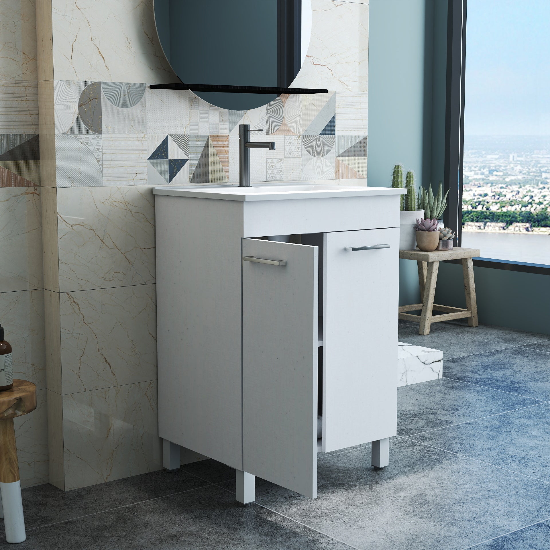 24-Inch Floor-Mounted Bathroom Vanity with Sink Combo,Double Doors With Soft Close Hinges,Bathroom Cabinet With Adjust Shelf,Metal Handle ,Ceramic Basin,Adjustable Silver Feet,Glossy White