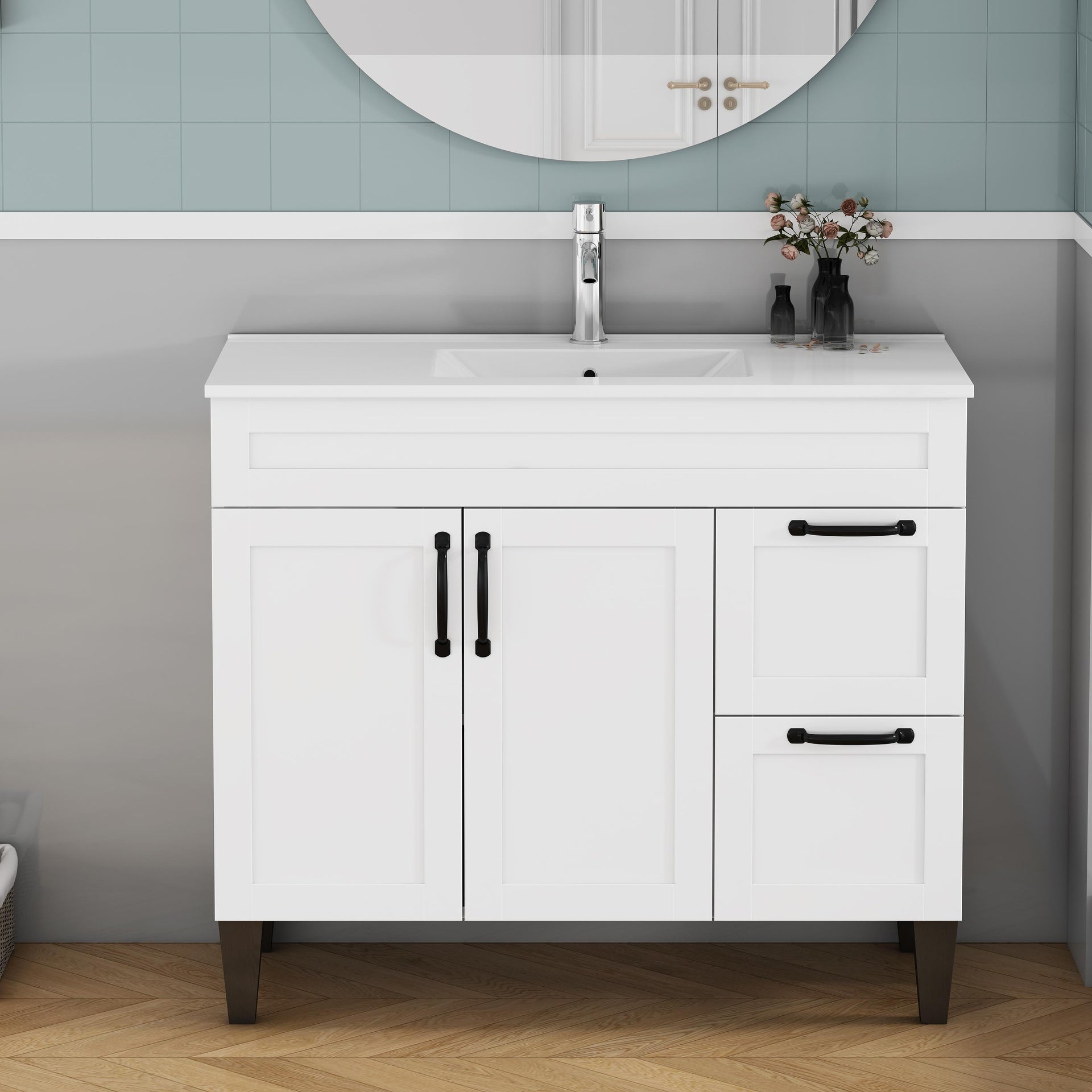 39.4-inch Bathroom Vanity With Sink Combo,Cabinet With 2 Doors and 2 Big Drawer,Black Metal Handle,Black Feet,Soft Close Hinge,Mordern Bathroom Cabinet,Easy Assemble,White