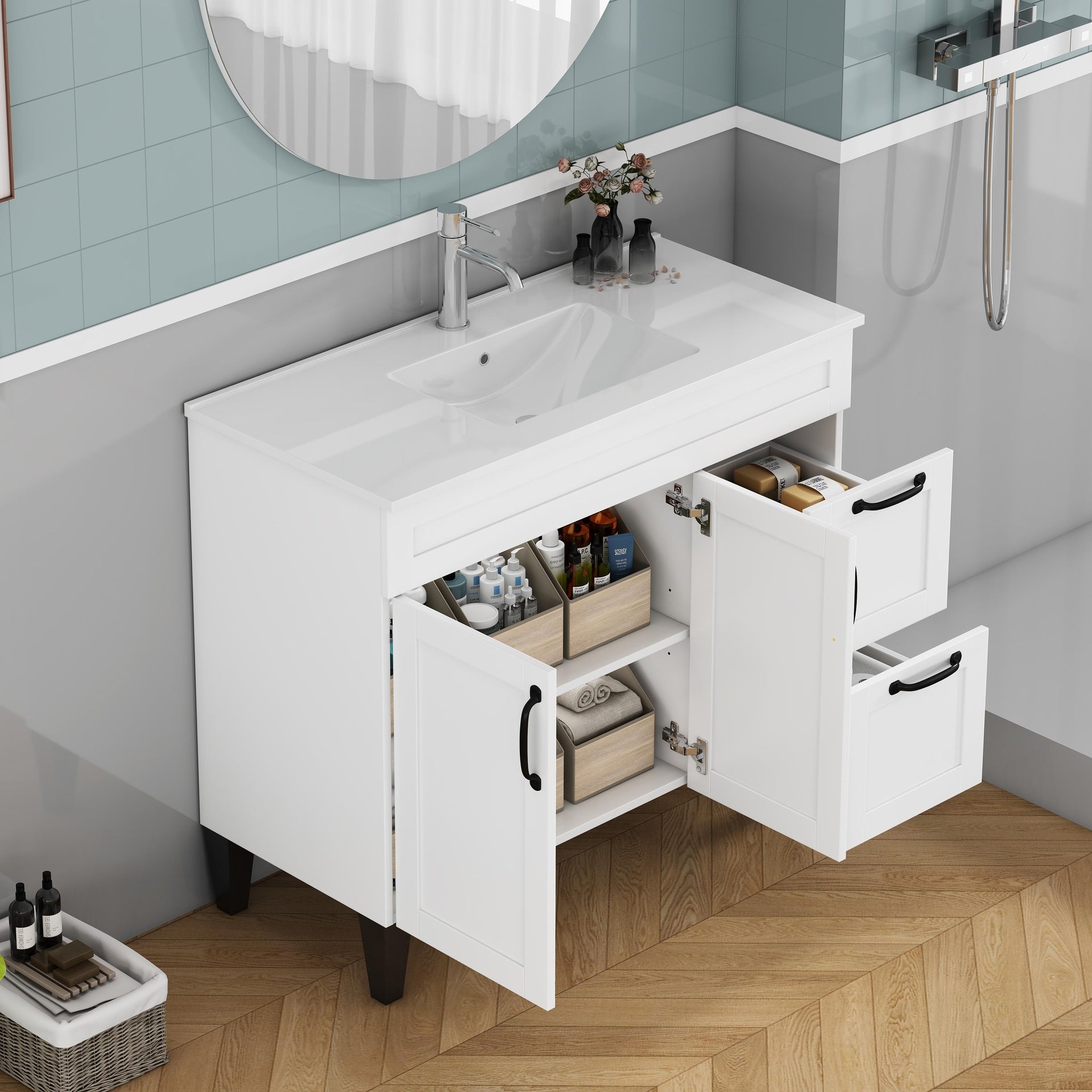 39.4-inch Bathroom Vanity With Sink Combo,Cabinet With 2 Doors and 2 Big Drawer,Black Metal Handle,Black Feet,Soft Close Hinge,Mordern Bathroom Cabinet,Easy Assemble,White