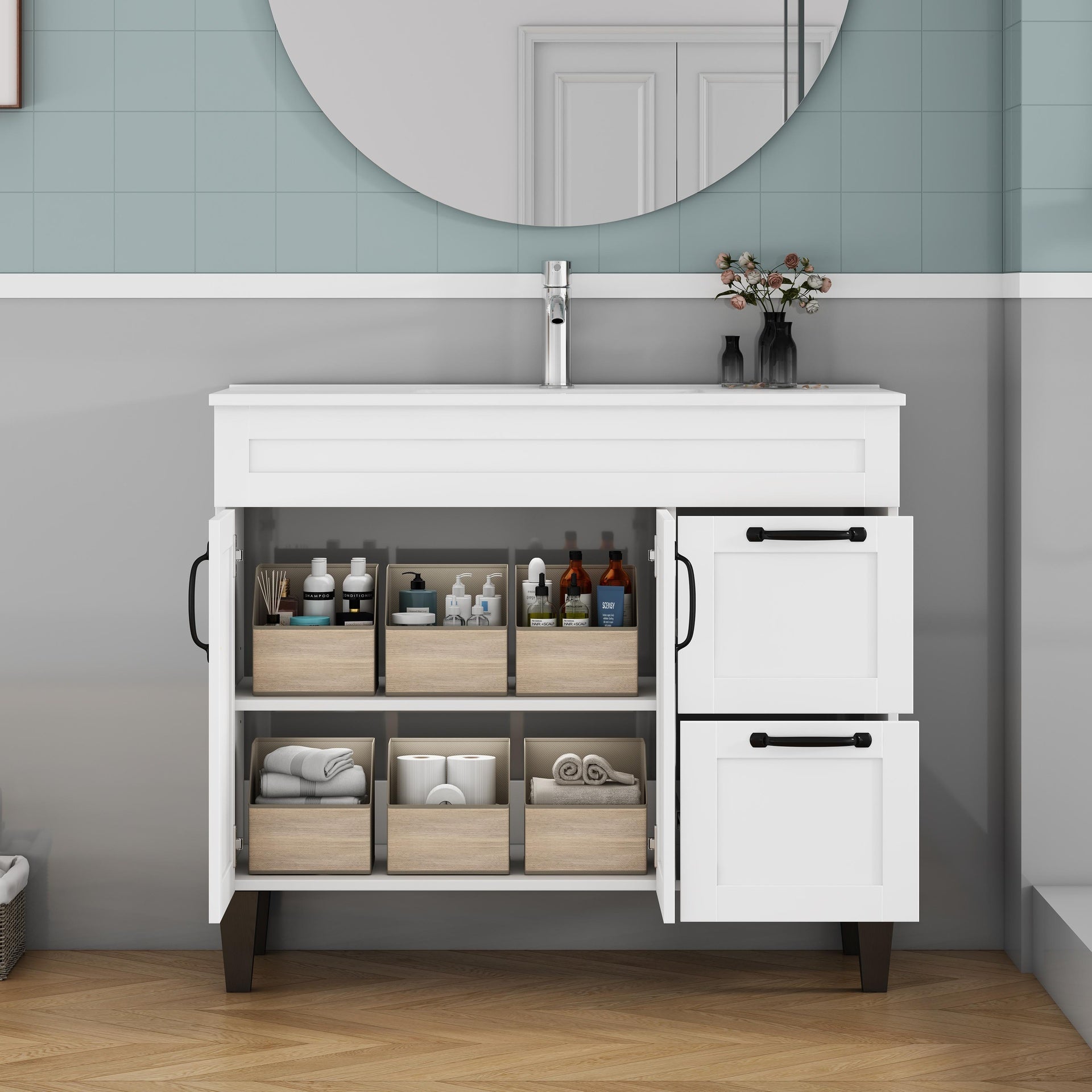 39.4-inch Bathroom Vanity With Sink Combo,Cabinet With 2 Doors and 2 Big Drawer,Black Metal Handle,Black Feet,Soft Close Hinge,Mordern Bathroom Cabinet,Easy Assemble,White