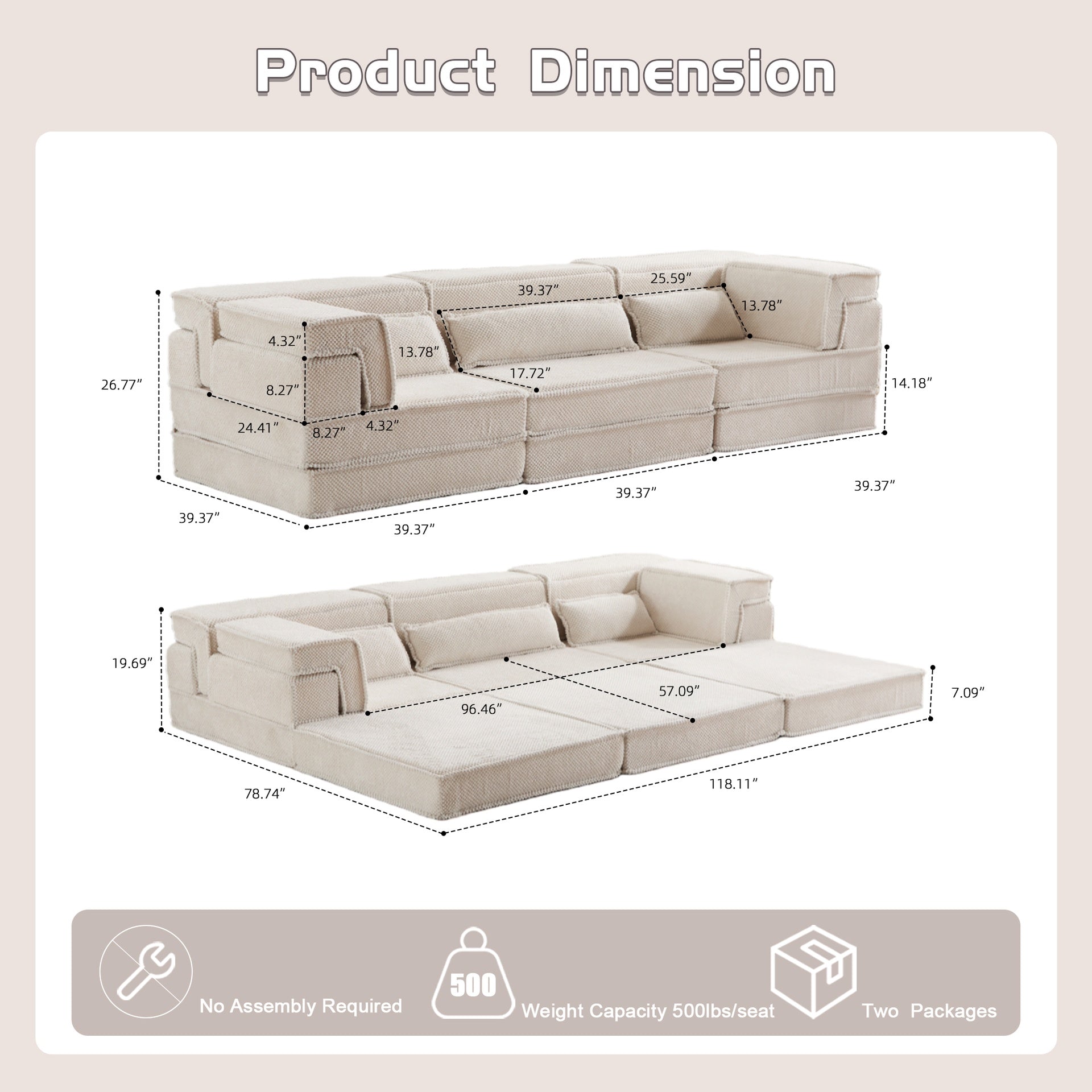 Compression Mahjong Sofa,Convertible Floor Sofa Bed,DIY Boneless Modular Sectional Sofa,No Assembly Required,Circle fleece fabric,Oversized 3 Seater with 3 Pillows,White