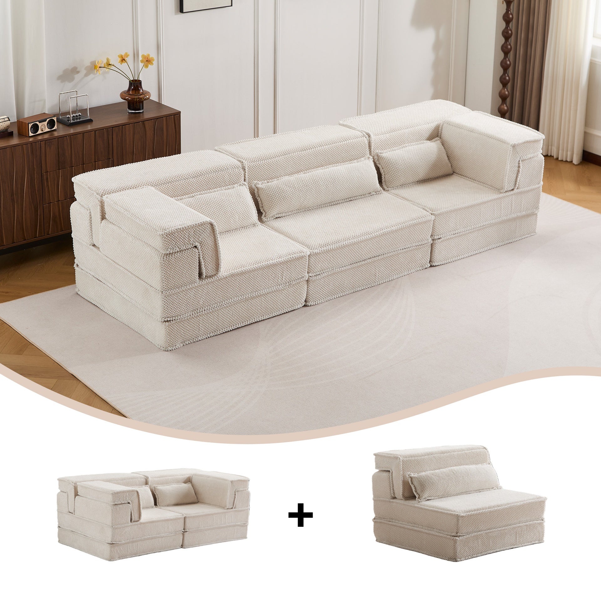 Compression Mahjong Sofa,Convertible Floor Sofa Bed,DIY Boneless Modular Sectional Sofa,No Assembly Required,Circle fleece fabric,Oversized 3 Seater with 3 Pillows,White