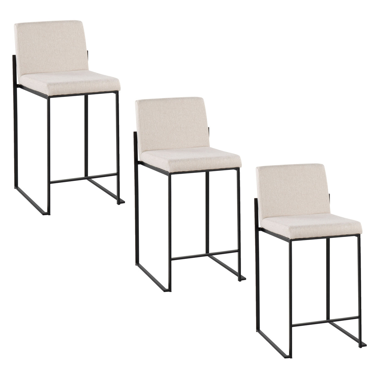 Fuji 26" Contemporary High Back Counter Stool in Black Steel and Beige Fabric by LumiSource - Set of 3