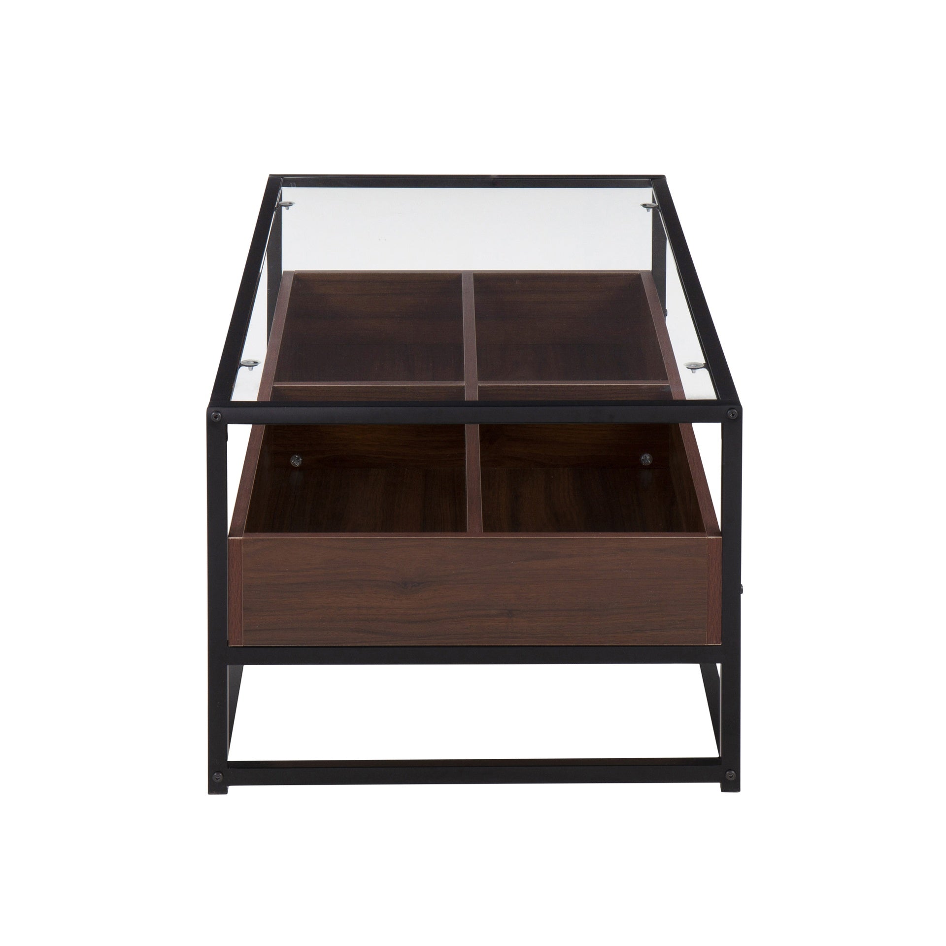 Display Contemporary Coffee Table in Black Metal, Walnut Wood, and Clear Glass by LumiSource