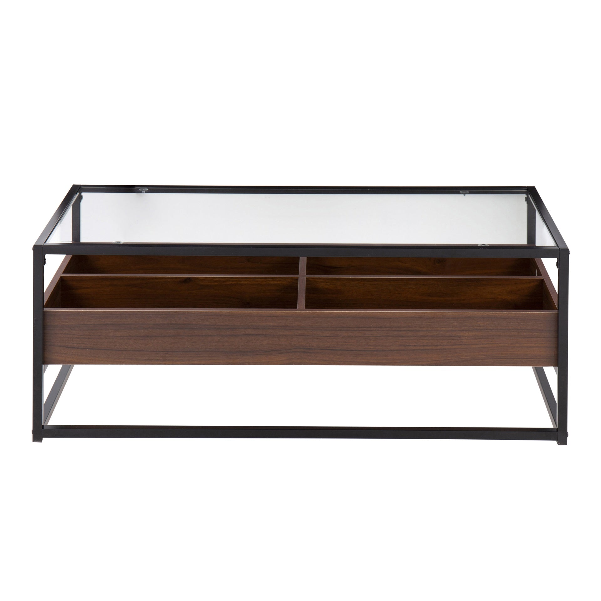 Display Contemporary Coffee Table in Black Metal, Walnut Wood, and Clear Glass by LumiSource