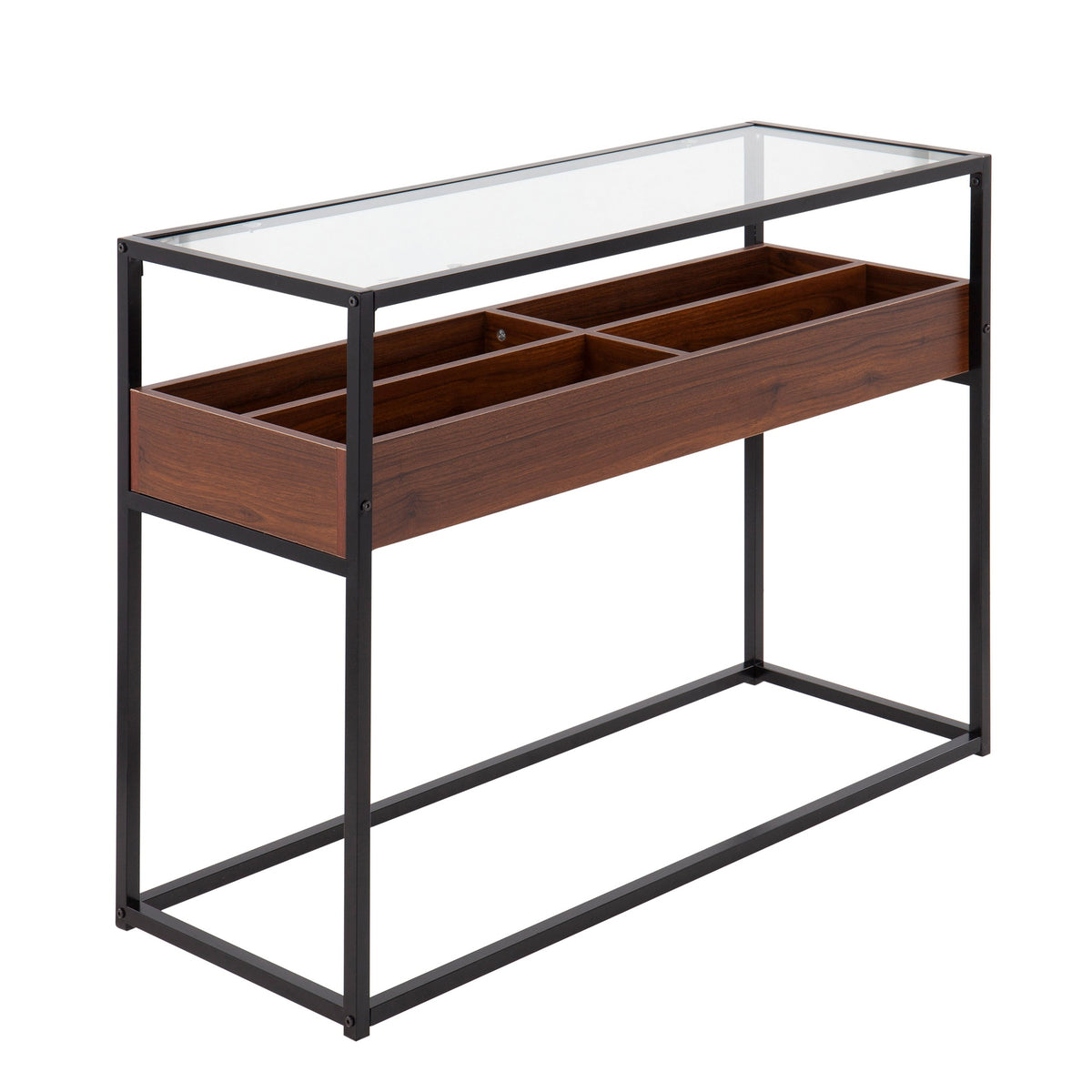 Display Contemporary Console Table in Black Metal, Walnut Wood, and Clear Glass by LumiSource