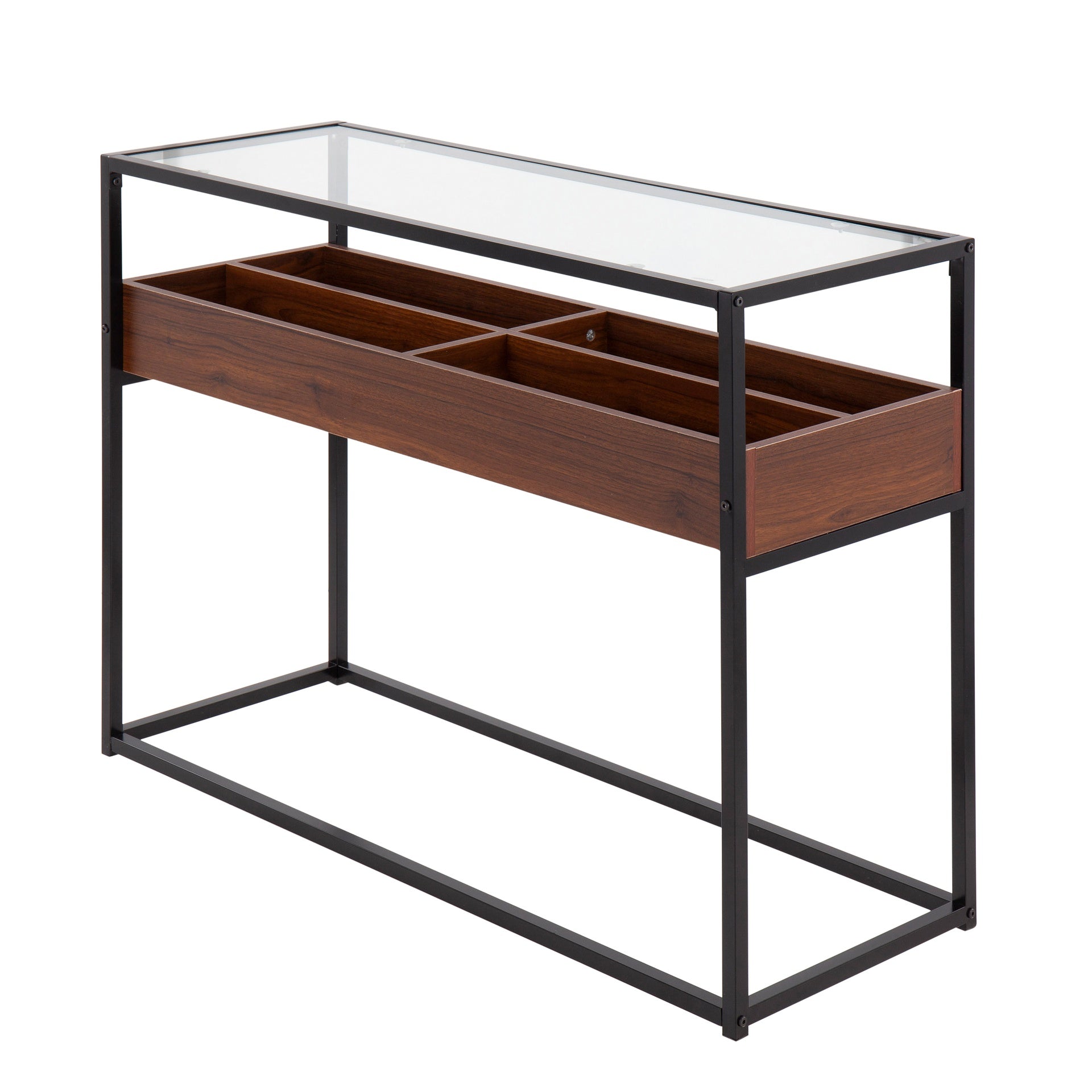 Display Contemporary Console Table in Black Metal, Walnut Wood, and Clear Glass by LumiSource
