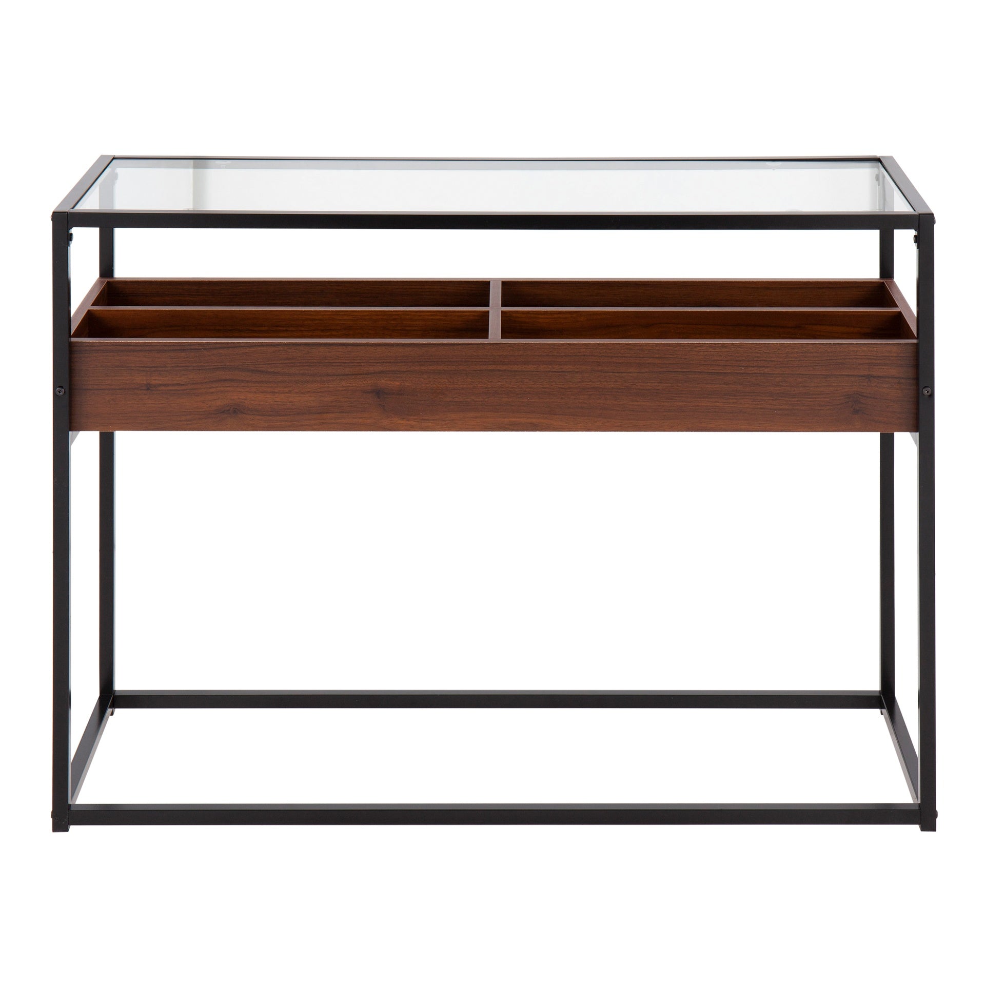 Display Contemporary Console Table in Black Metal, Walnut Wood, and Clear Glass by LumiSource