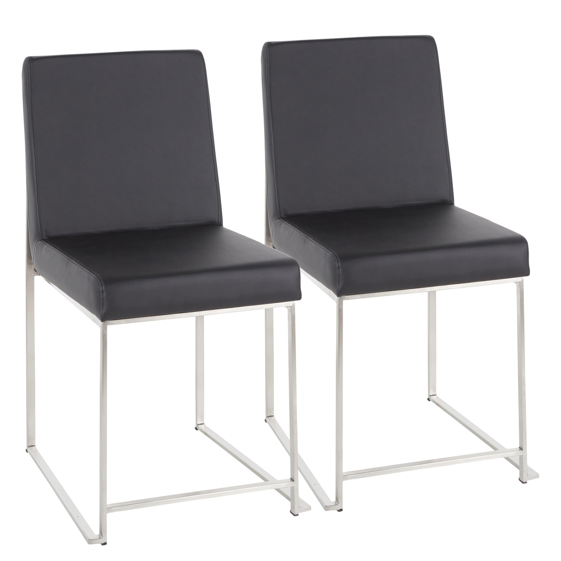 High Back Fuji Contemporary Dining Chair in Stainless Steel and Black Faux Leather by LumiSource - Set of 2