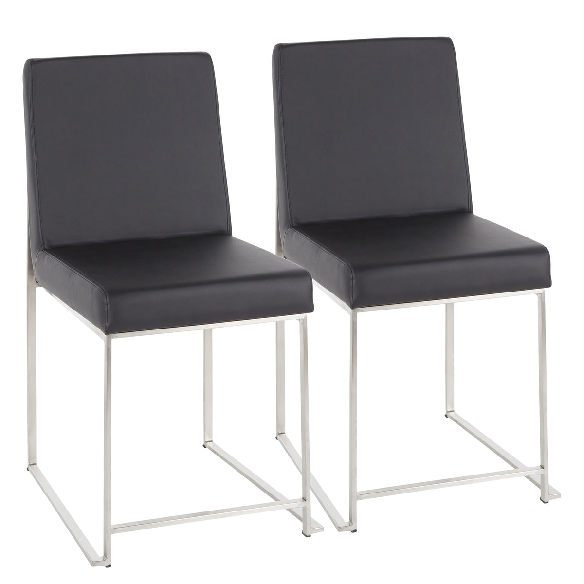 High Back Fuji Contemporary Dining Chair in Stainless Steel and Black Faux Leather by LumiSource - Set of 2