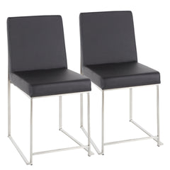 High Back Fuji Contemporary Dining Chair in Stainless Steel and Black Faux Leather by LumiSource - Set of 2