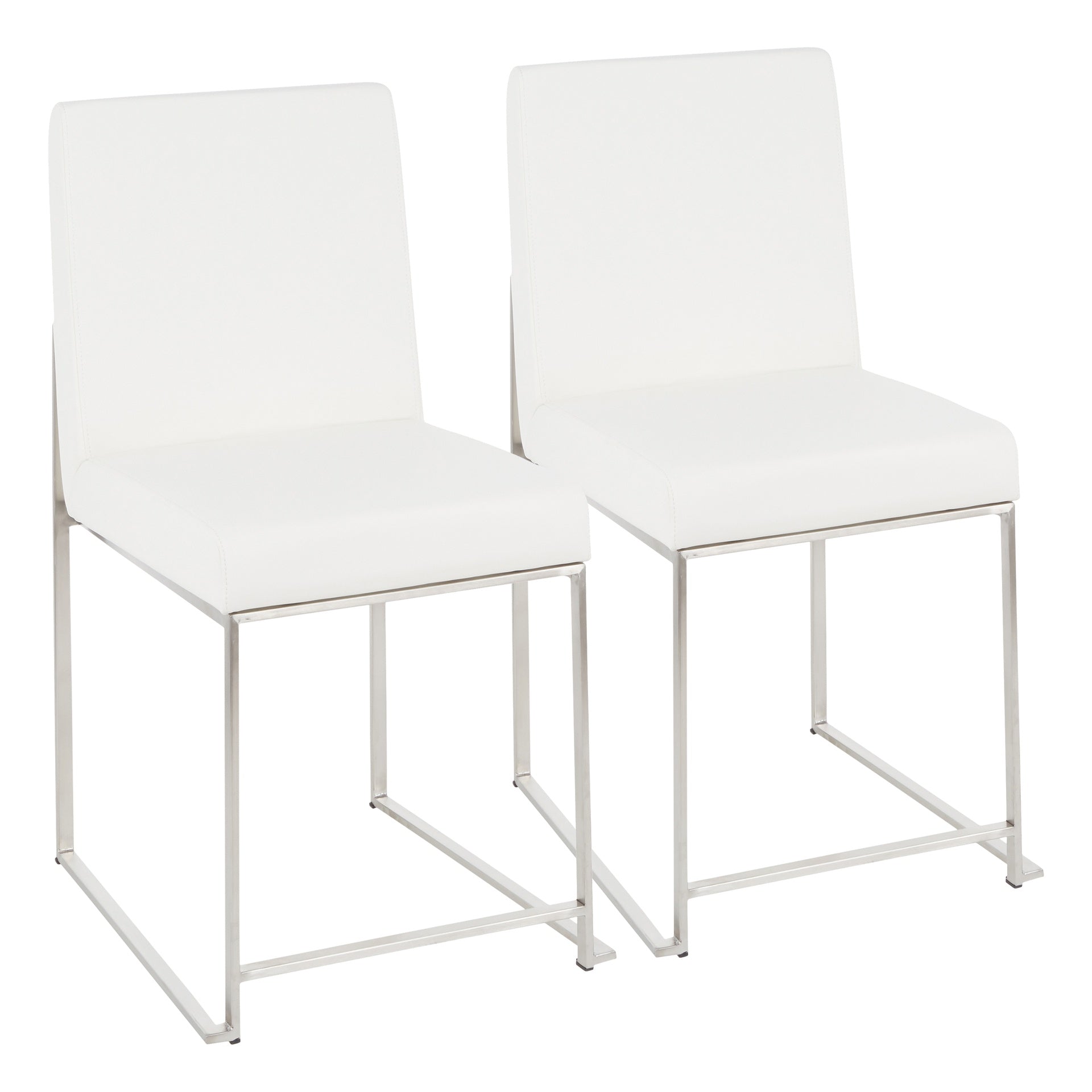 High Back Fuji Contemporary Dining Chair in Stainless Steel and White Faux Leather by LumiSource - Set of 2