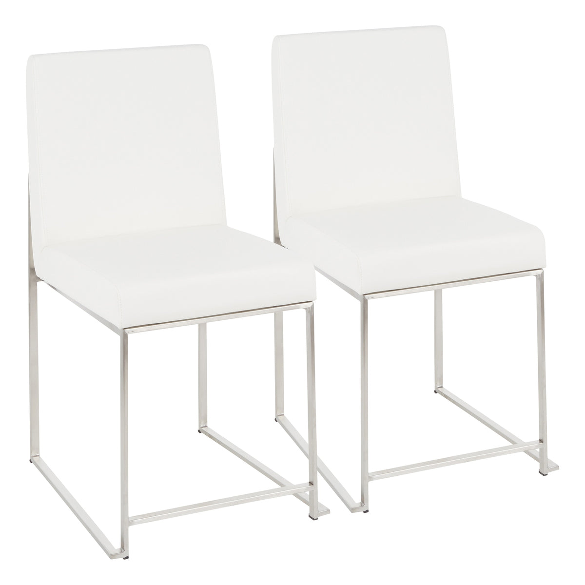High Back Fuji Contemporary Dining Chair in Stainless Steel and White Faux Leather by LumiSource - Set of 2