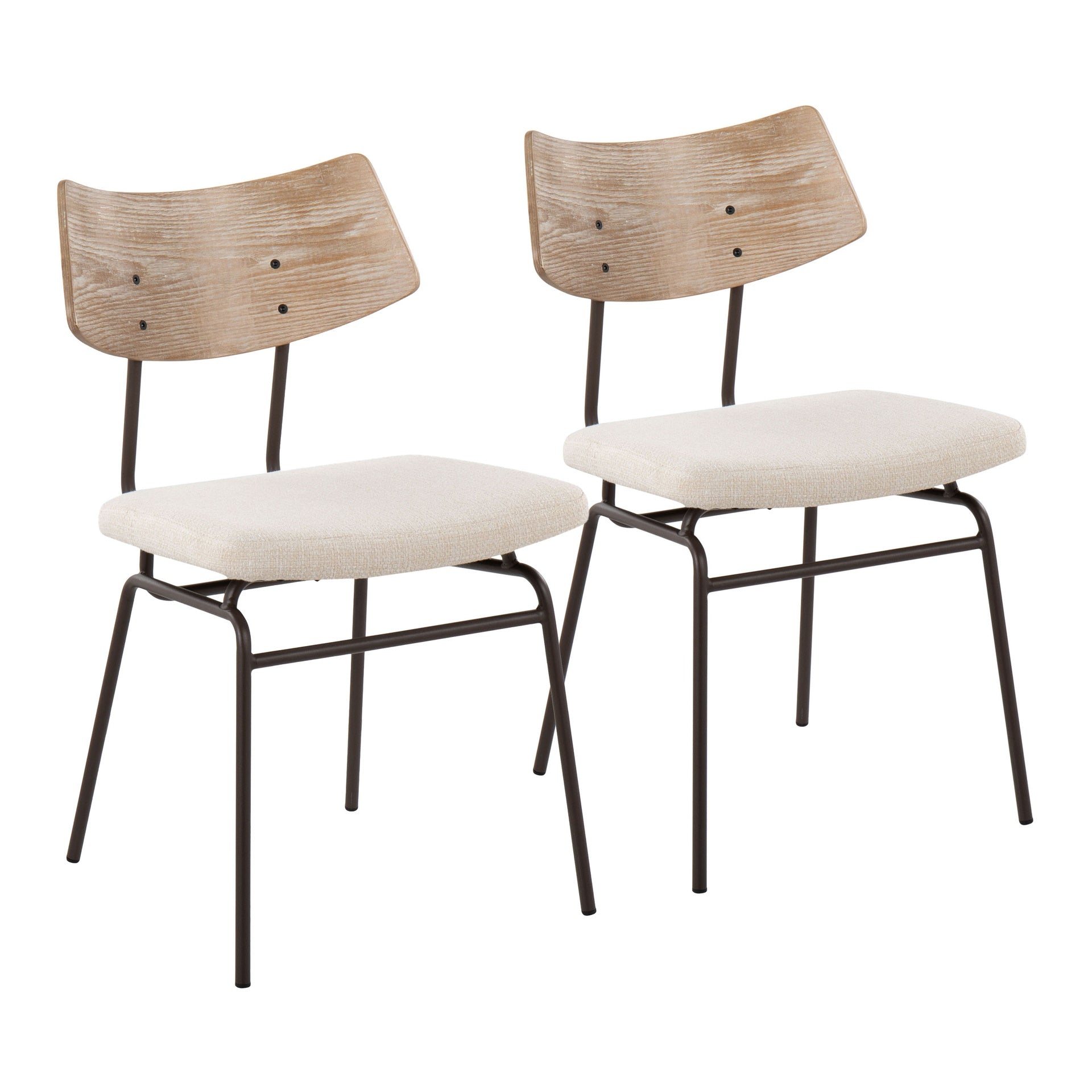 Walker Mid-Century Modern Chair in Brown Metal, Cream Noise Fabric, and White Washed Wood by LumiSource - Set of 2