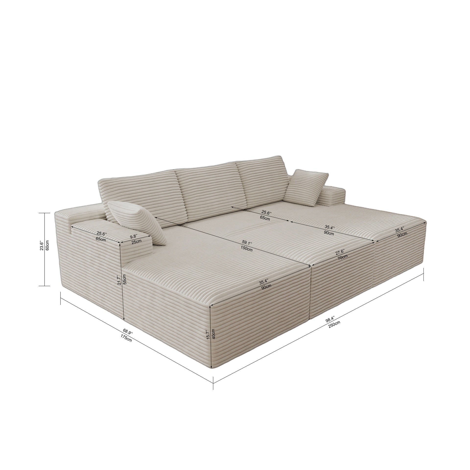 98.4*68.9"Modular sectional sofa seat,Upholstered compressed couch for living room,Bedroom,Apartment,No assembly required,4 PC free combination,Plush corduroy fabric,WHITE