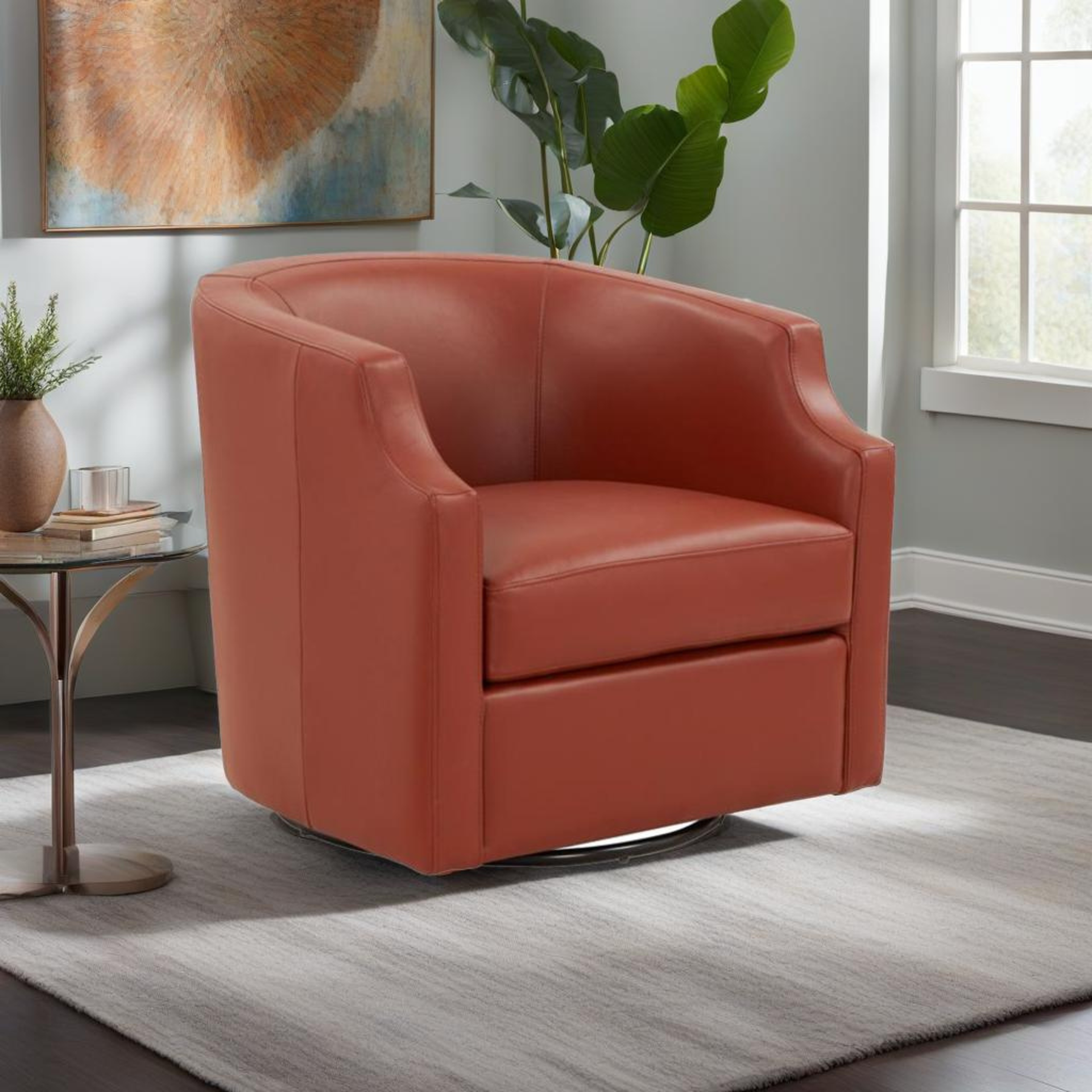 Emmett Caramel Top Grain Leather Swivel Glider Barrel Chair