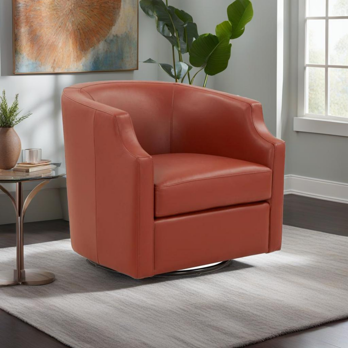 Emmett Caramel Top Grain Leather Swivel Glider Barrel Chair