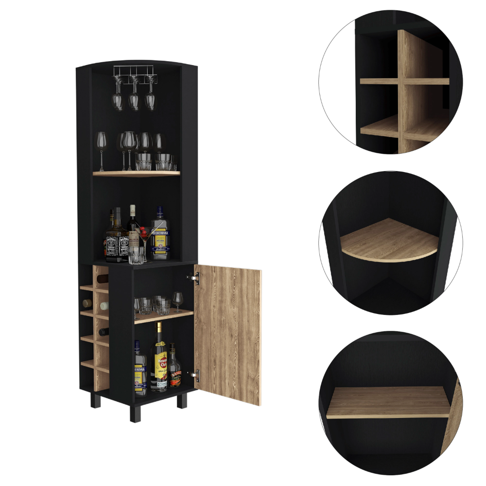 Kaia Corner Bar Cabinet, Two Shelves, Ten Built-in Wine Rack, Single Door Cabinet, Two interior  Shelves, -Black / Pine