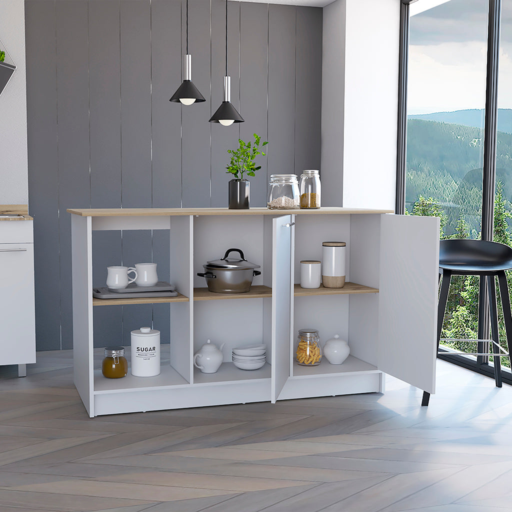 Juniper Kitchen Island, Four Open Shelves, Two Cabinets  -Light Oak / White