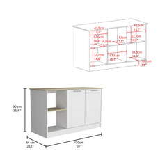 Juniper Kitchen Island, Four Open Shelves, Two Cabinets  -Light Oak / White