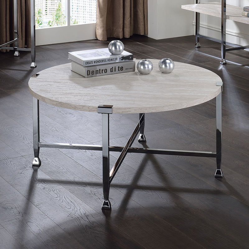 Contemporary Round Coffee Table White Oak Finish Wooden Top Living Room Furniture 1pc Chrome Metal Frame Center-Table