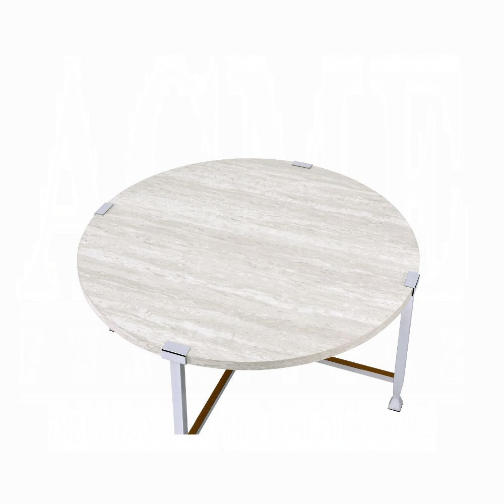 Contemporary Round Coffee Table White Oak Finish Wooden Top Living Room Furniture 1pc Chrome Metal Frame Center-Table