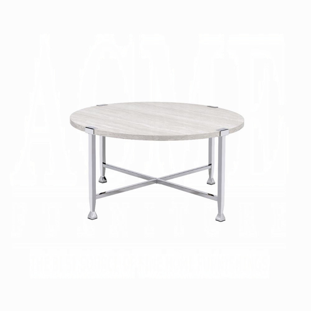 Contemporary Round Coffee Table White Oak Finish Wooden Top Living Room Furniture 1pc Chrome Metal Frame Center-Table