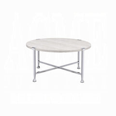Contemporary Round Coffee Table White Oak Finish Wooden Top Living Room Furniture 1pc Chrome Metal Frame Center-Table
