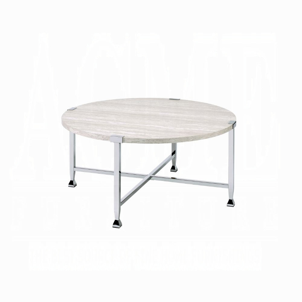 Contemporary Round Coffee Table White Oak Finish Wooden Top Living Room Furniture 1pc Chrome Metal Frame Center-Table