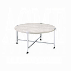 Contemporary Round Coffee Table White Oak Finish Wooden Top Living Room Furniture 1pc Chrome Metal Frame Center-Table