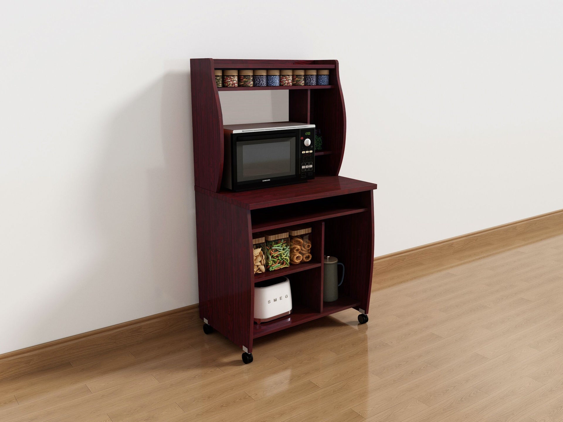 Microwave cart computer cart utility cart with hutch shelves spice rack mobile on locking castors mahogany