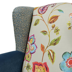 Anya Boho Chic Wingback Accent Arm Chair, Floral & Leopard, Blue-Teal & Yellow-Gold Velvet