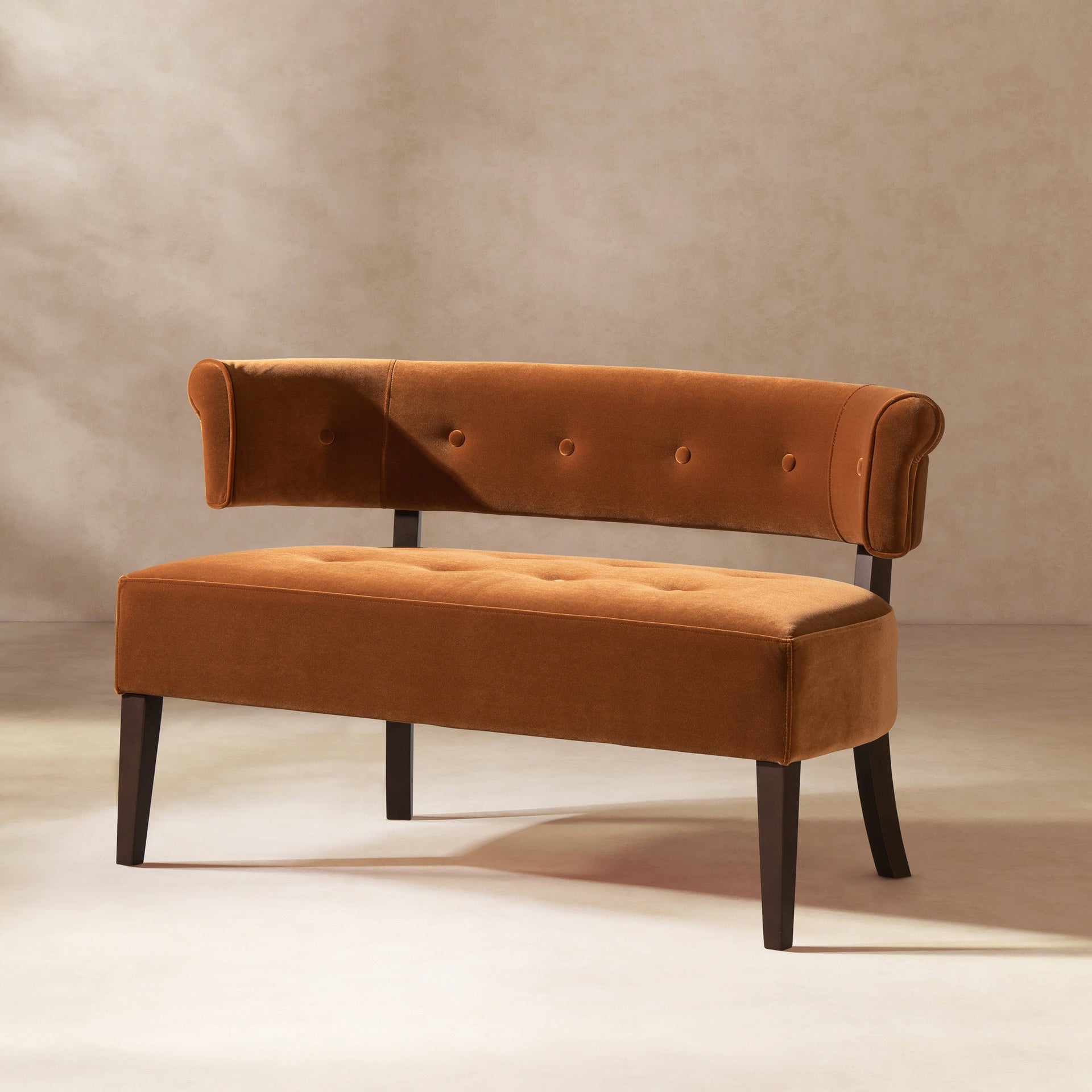 Jared Roll Arm Tufted Bench Settee, Burnt Orange Performance Velvet