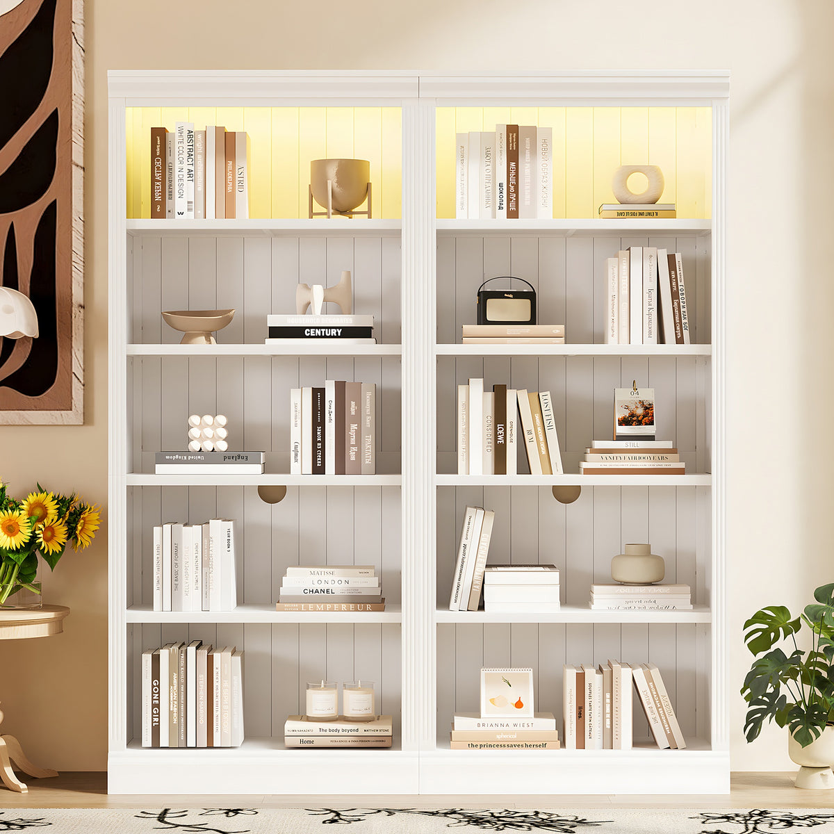83" Tall Wood Bookcase Suite with light strip ,5-Tier Decor Bookcase Suite with Adjustable Shelves,Storage Organizer,Free Standing Storage Shelves Suite for Living Room,Home Office,White