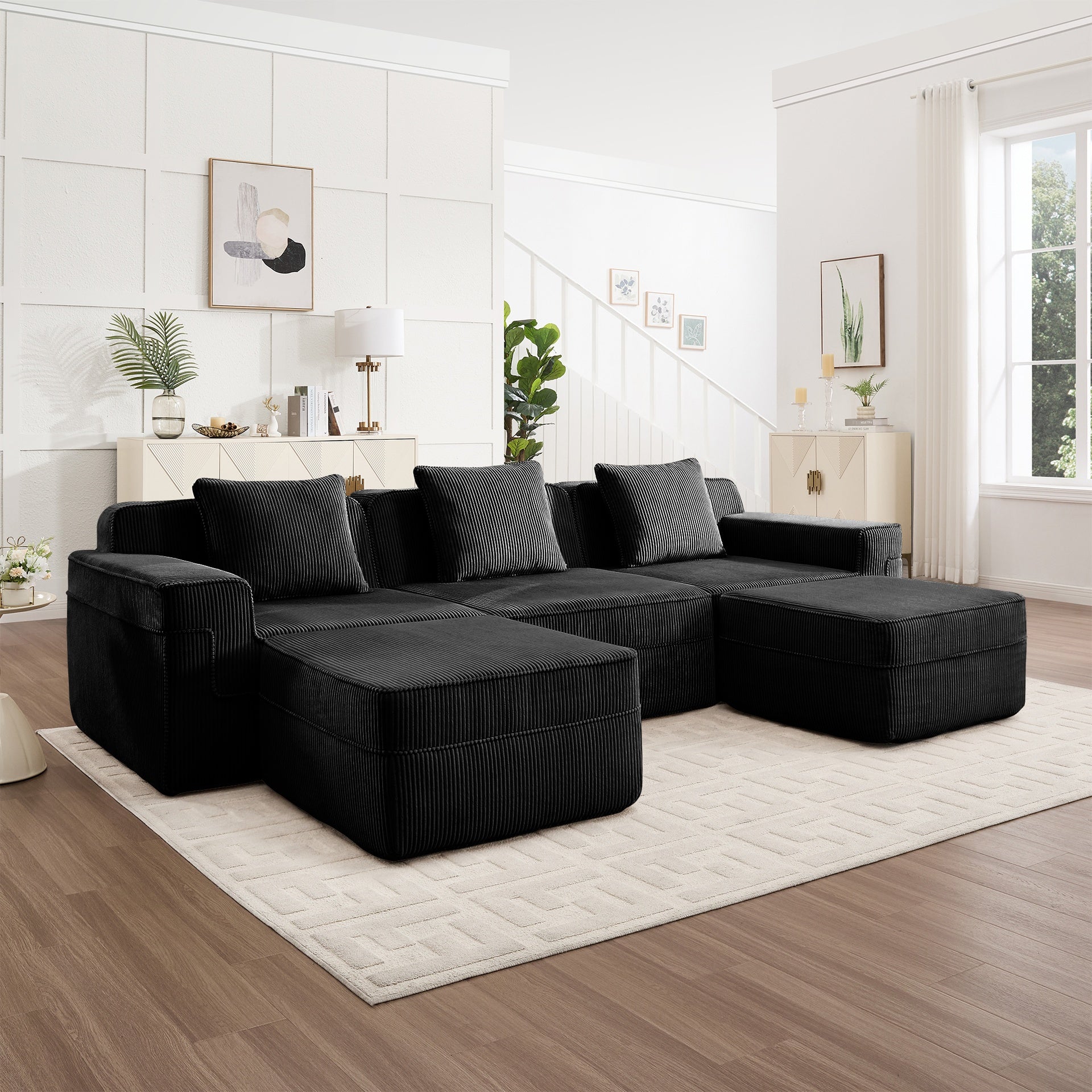 Modular 3 Seat U Shape Sectional Boneless Sofa, Cloud Sectional Couch with Deep Seat, Modern Modular 3-Seat Sofa Couch with Throw Pillows and 2 Movable Ottomans, Corduroy Fabric Black