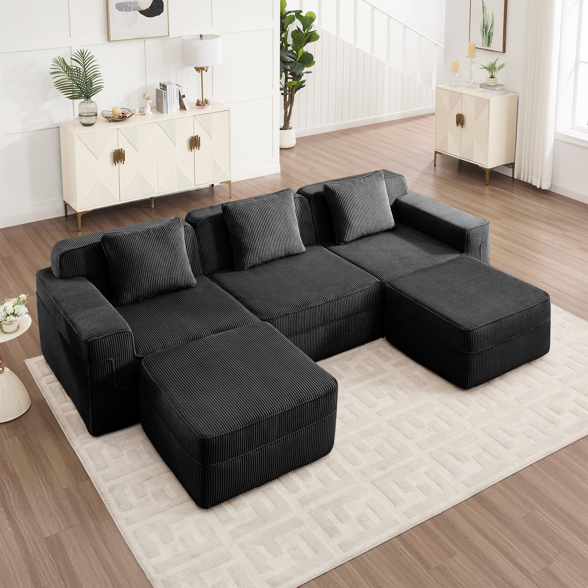 Modular 3 Seat U Shape Sectional Boneless Sofa, Cloud Sectional Couch with Deep Seat, Modern Modular 3-Seat Sofa Couch with Throw Pillows and 2 Movable Ottomans, Corduroy Fabric Black