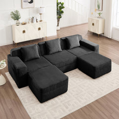 Modular 3 Seat U Shape Sectional Boneless Sofa, Cloud Sectional Couch with Deep Seat, Modern Modular 3-Seat Sofa Couch with Throw Pillows and 2 Movable Ottomans, Corduroy Fabric Black