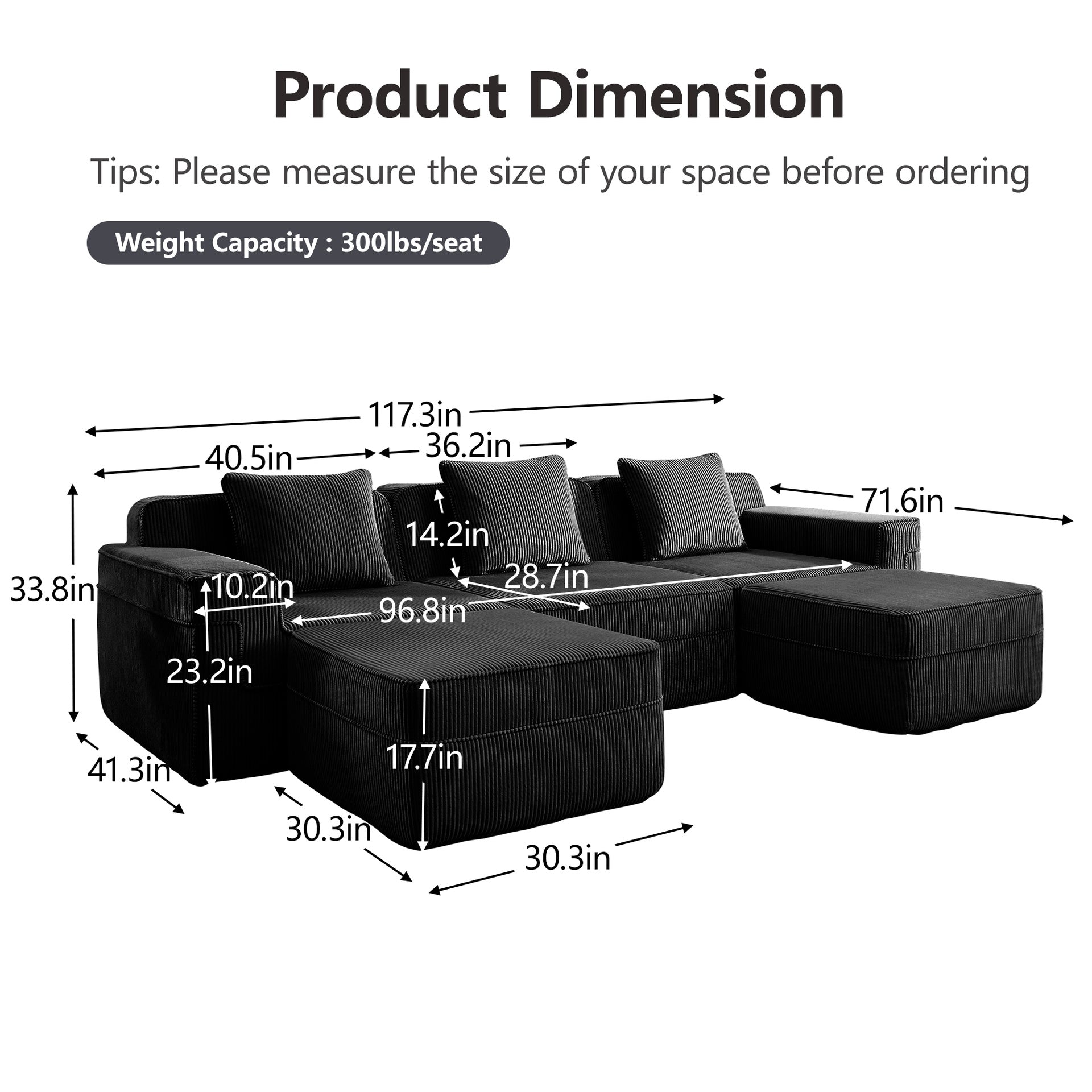 Modular 3 Seat U Shape Sectional Boneless Sofa, Cloud Sectional Couch with Deep Seat, Modern Modular 3-Seat Sofa Couch with Throw Pillows and 2 Movable Ottomans, Corduroy Fabric Black