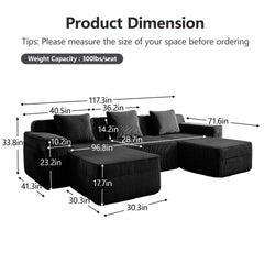 Modular 3 Seat U Shape Sectional Boneless Sofa, Cloud Sectional Couch with Deep Seat, Modern Modular 3-Seat Sofa Couch with Throw Pillows and 2 Movable Ottomans, Corduroy Fabric Black