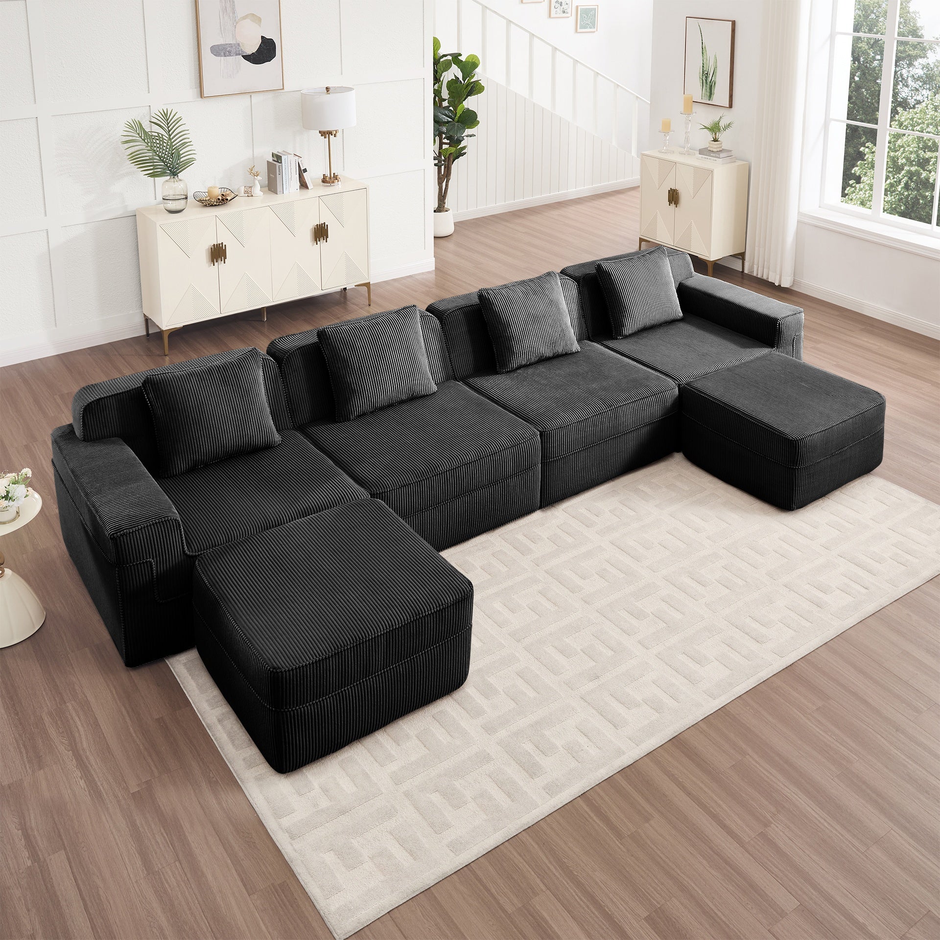 Modular 4 Seat U Shape Sectional Boneless Sofa, Cloud Sectional Couch with Deep Seat, Modern Modular 4-Seat Sofa Couch with Throw Pillows and 2 Movable Ottomans, Corduroy Fabric Black