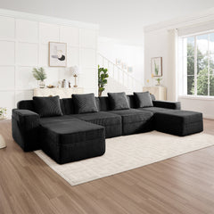 Modular 4 Seat U Shape Sectional Boneless Sofa, Cloud Sectional Couch with Deep Seat, Modern Modular 4-Seat Sofa Couch with Throw Pillows and 2 Movable Ottomans, Corduroy Fabric Black