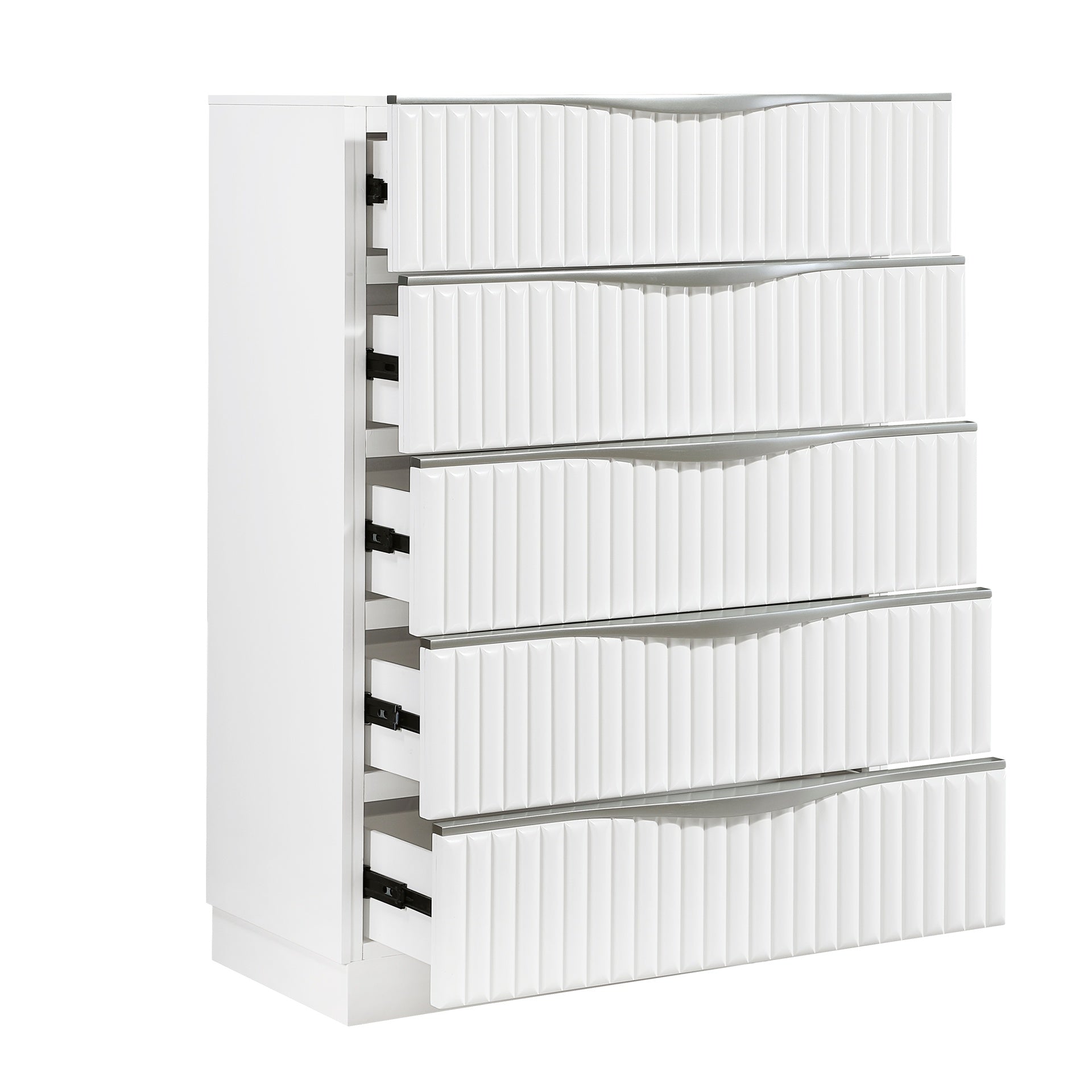Luxurious Pearl White Finish Chest of Five Drawers Textured Panel Sleek Handles Glam Bedroom Furniture 1pc Vertical Dresser