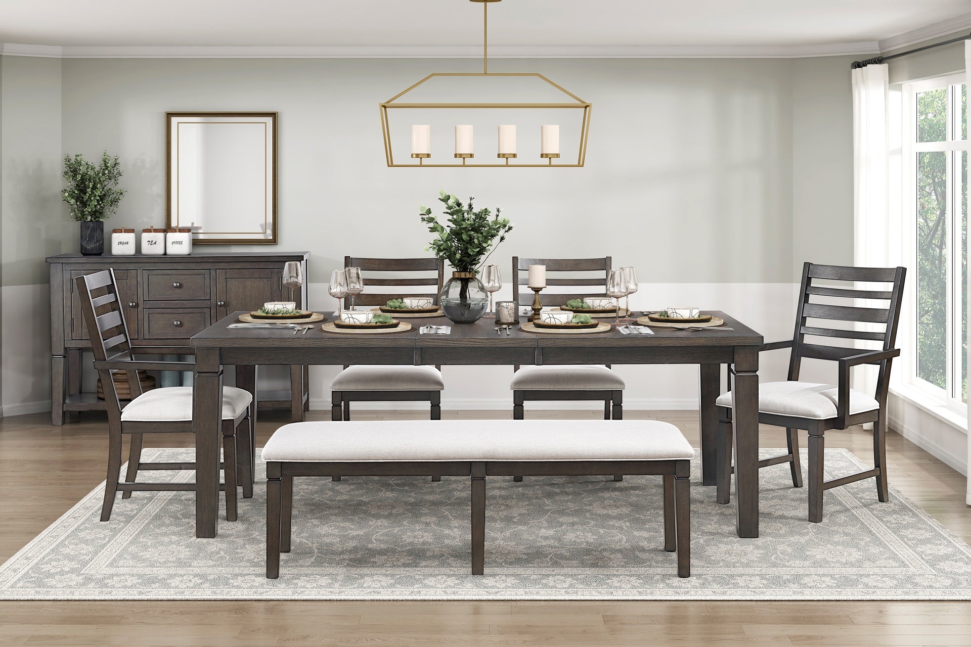Classic Style 6pc Dining Set Dark Espresso Finish Table with Extension Leaf Bench Chairs Comfortable Seats Wooden Dining Furniture