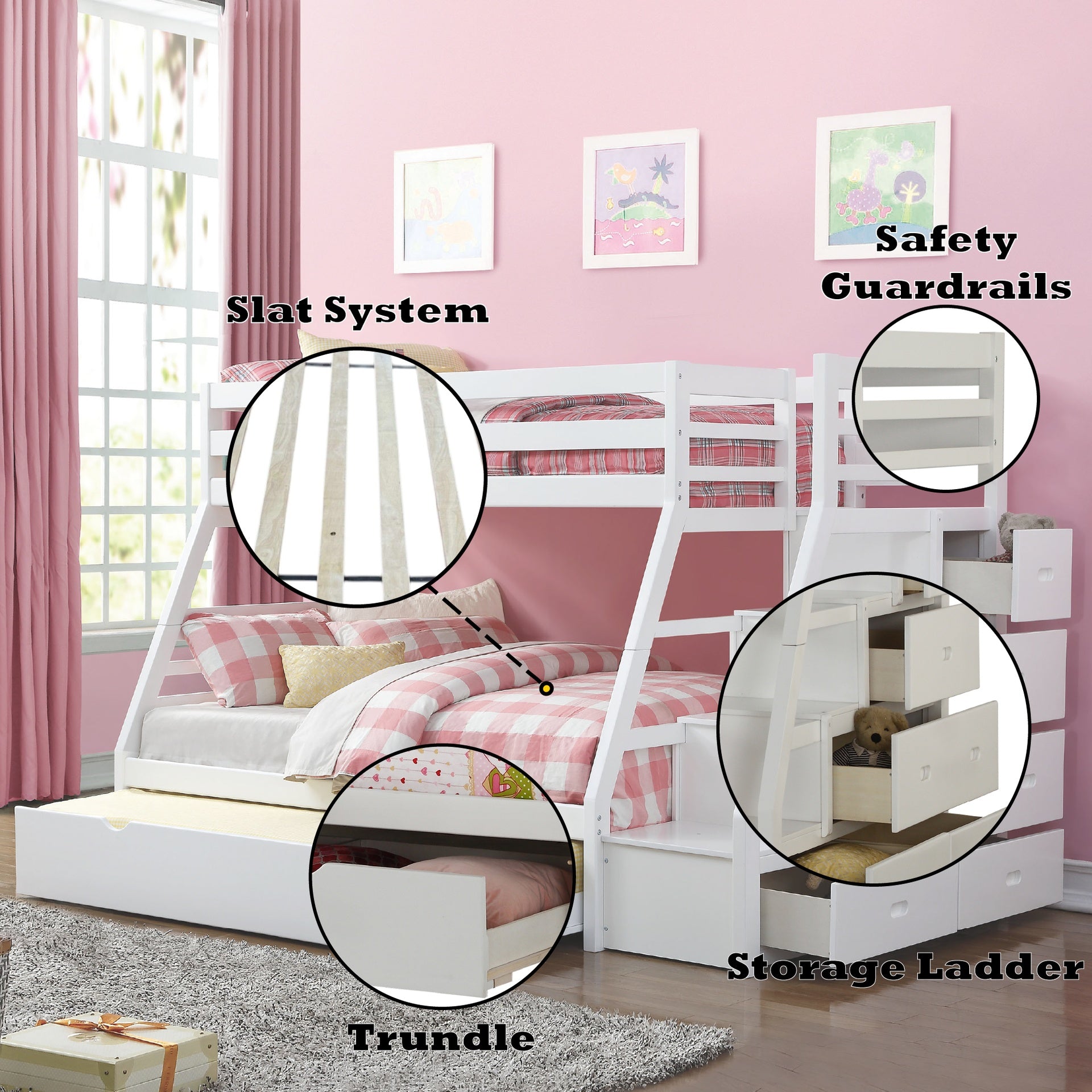 Jason White Finish Twin/Full Bunk Bed W/Trundle & Storage