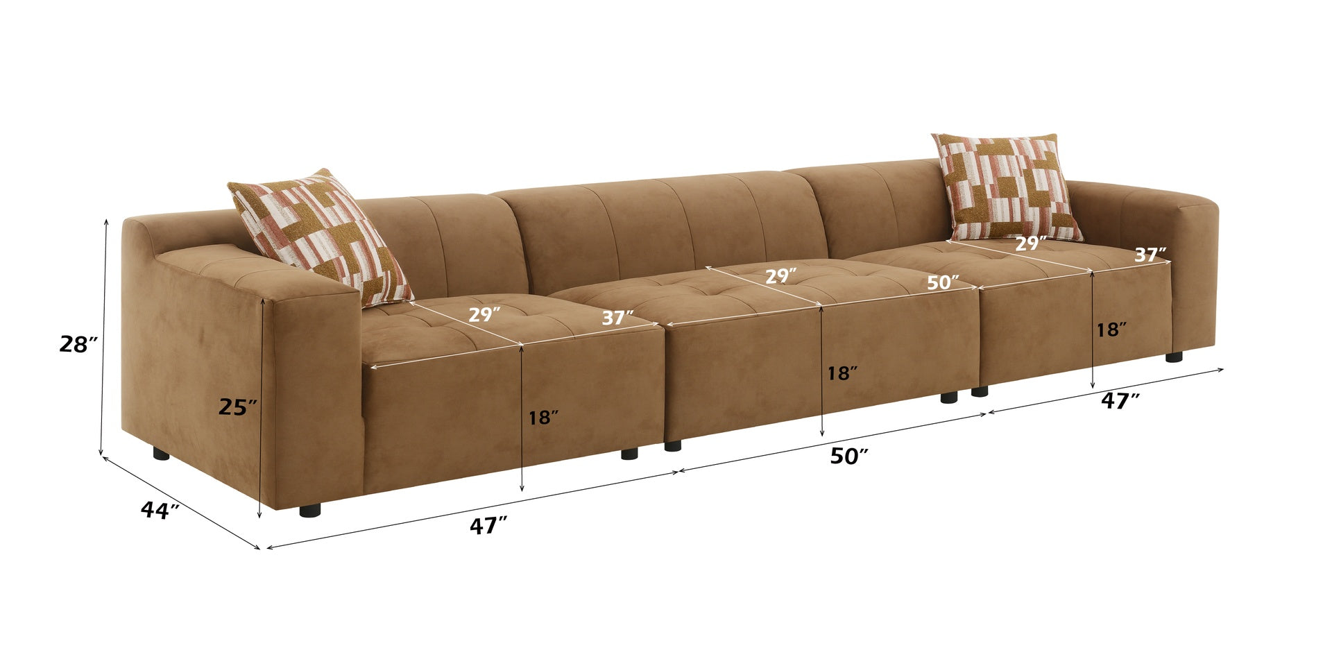 Contemporary Modular Sofa Set, Chocolate Suede Finish with 2 Matching Toss Pillows